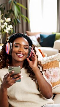 Smiling black woman relaxing on a cozy sofa, wearing headphones and enjoying music on her smartphone in a bright, modern living room