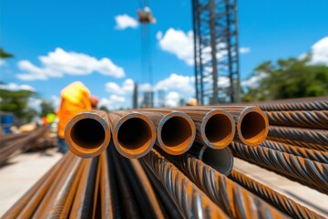 Metallic rebar pipes stacked at a construction site with a crane in the background, highlighting the steel's industrial utility and modern architectural development.