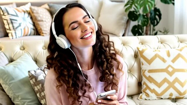 Smiling woman with curly hair sitting on a cozy sofa, enjoying music with headphones and using her smartphone in a bright, modern living room