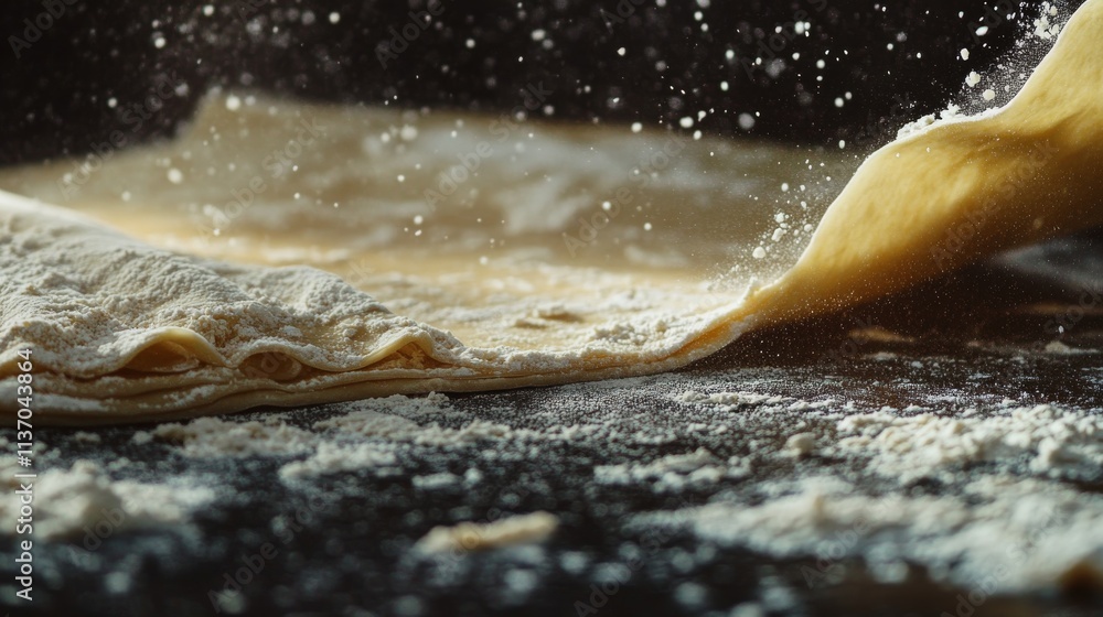 Poster a close-up image capturing flour being dusted over rolled out dough in a bakery setting. the action 