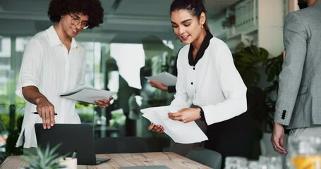 Business, people and leaving meeting in office with talking, packing documents and done with seminar. Financial analyst, team and finish with finance workshop and walking from conference in boardroom