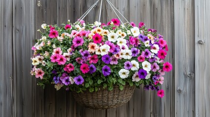 Fototapeta premium Vibrant Hanging Basket of Colorful Petunias in Natural Setting