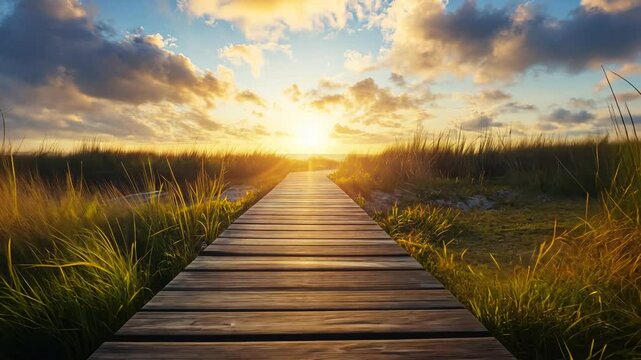 Wooden boardwalk leads to a vibrant sunset over a sandy beach, framed by tall grasses.