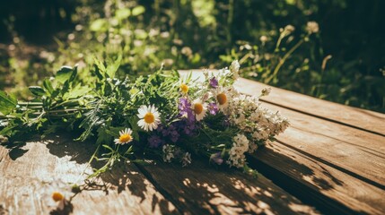 Vibrant Wildflower Bouquet on Rustic Wooden Table in Sunlight