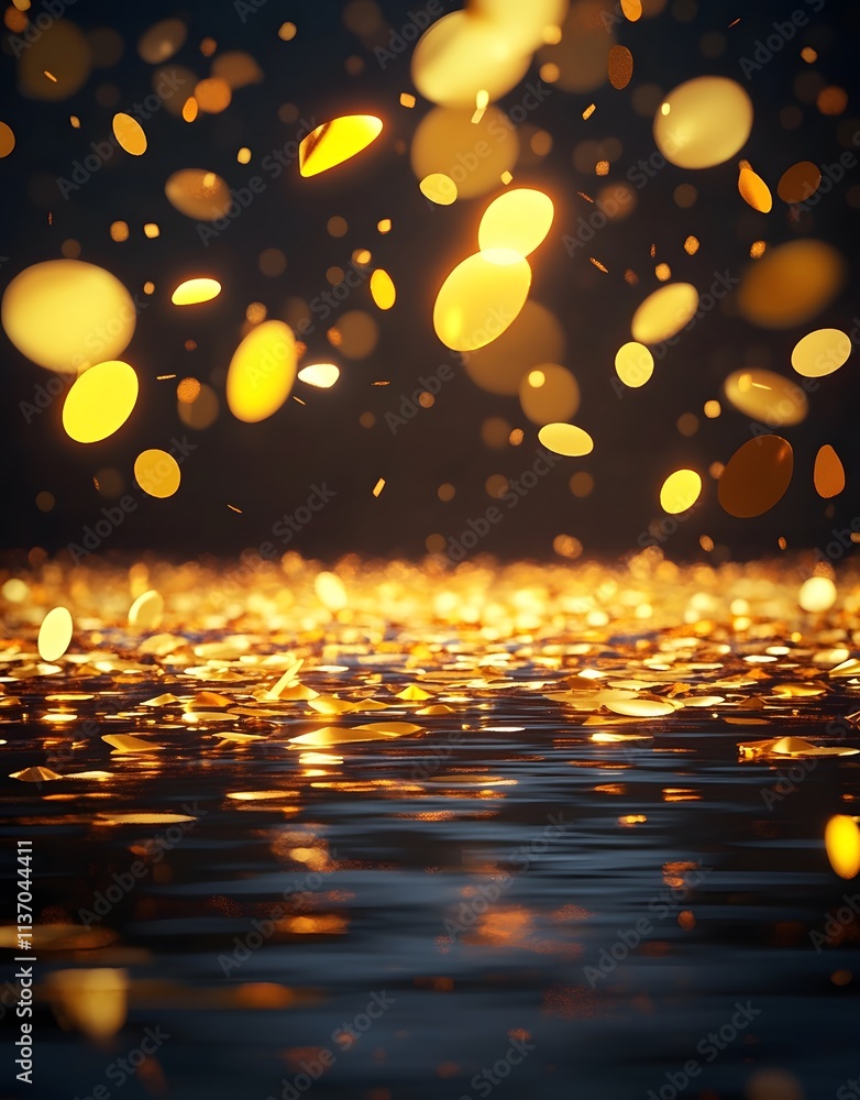 Poster a shimmering display of golden lights reflecting on a dark water surface, creating a magical atmosph
