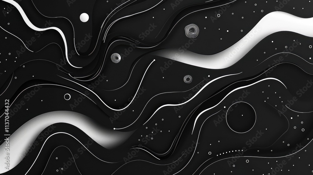 Poster abstract black and white wave patterns with circular elements, creating a dynamic texture.
