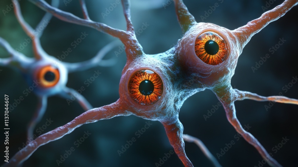 Poster a surreal 3d rendering features a neuron-like form with multiple eyes, evoking an eerie and futurist