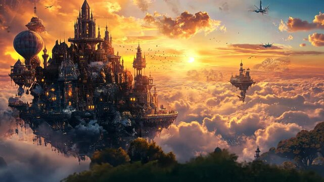A majestic floating city at sunset, surrounded by clouds and aircraft.
