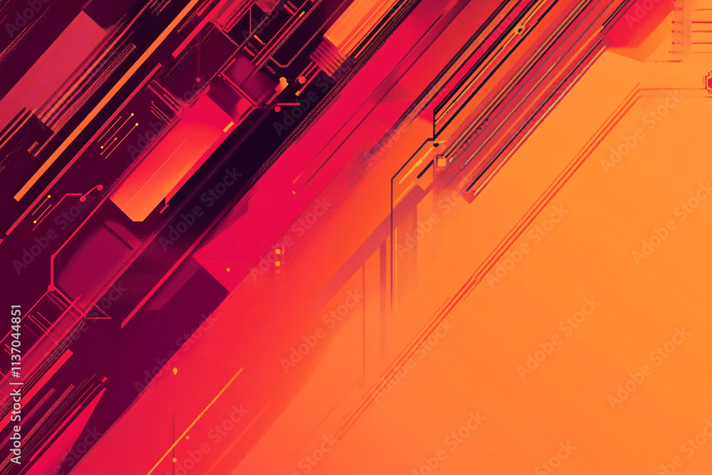 Poster vivid abstract digital composition featuring intersecting lines and angular patterns in red and oran
