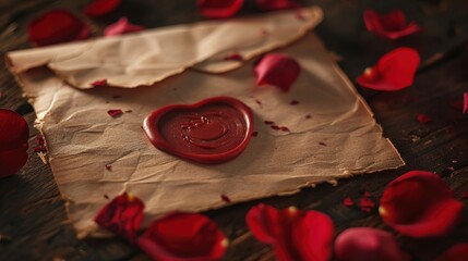A vintage love letter with a heart-shaped wax seal, placed on a wooden table, surrounded by rose petals and soft lighting.