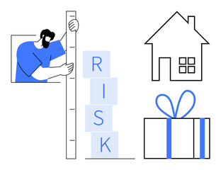 Man uses ruler to measure risk blocks, house and gift box nearby. Ideal for business, finance, home security, gifts, planning, risk management evaluations. Line metaphor