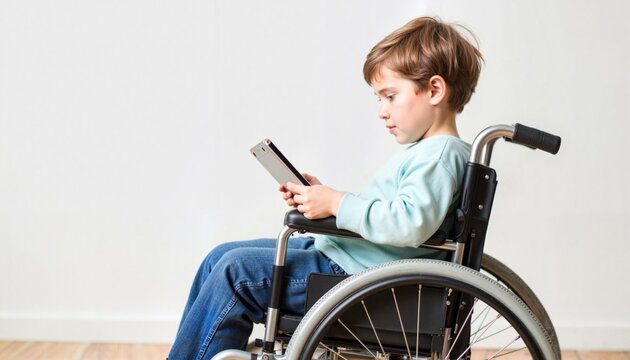 Focused young boy using tablet while sitting in wheelchair indoors - Powered by Adobe