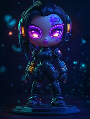 Futuristic female cyborg character rendering, glowing eyes, dark background.