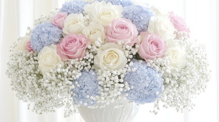 Obraz premium Elegant Floral Arrangement with Roses and Hydrangeas in Vase