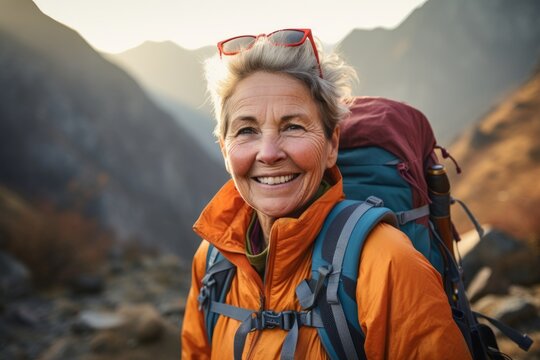 Happy senior woman hiker with backpack hiking in Himalayas, Nepal