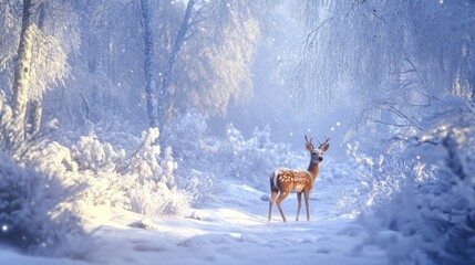 a deer lost in a very beautiful snowy forest