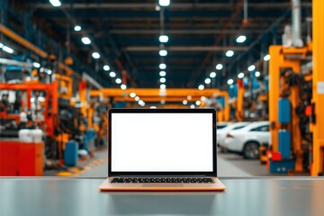 A laptop with a blank screen sits on a table in a modern, brightly lit factory, with various industrial machines and vehicles in the background.