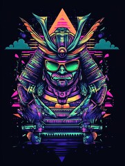 Neon samurai warrior in 80s style, sunglasses, geometric background.