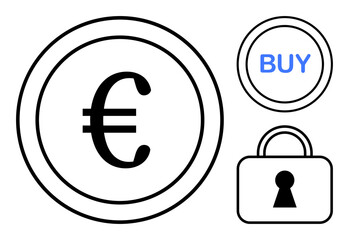 Euro currency symbol within a circle, a blue BUY button, and a secure lock icon. Ideal for e-commerce, online security, financial transactions, currency exchange, secure shopping, digital payments