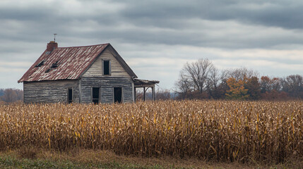 Obraz premium A ruined farmhouse with its roof nearly gone, standing amidst a field of wilted corn. The cries of bats echo in the surrounding silence.