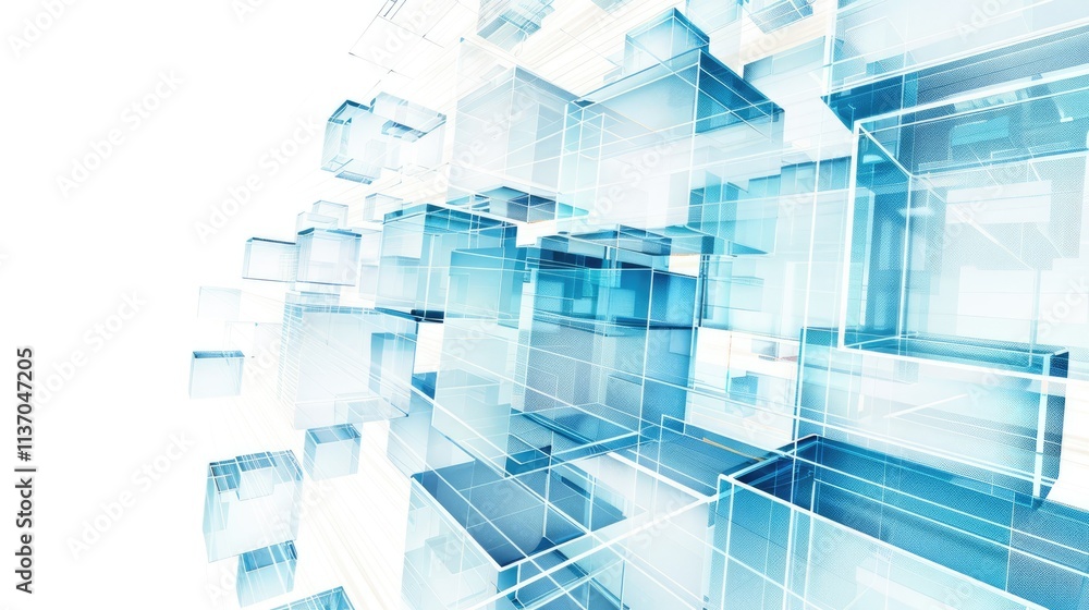 Poster abstract 3d representation of transparent cubes in a modern, digital environment.
