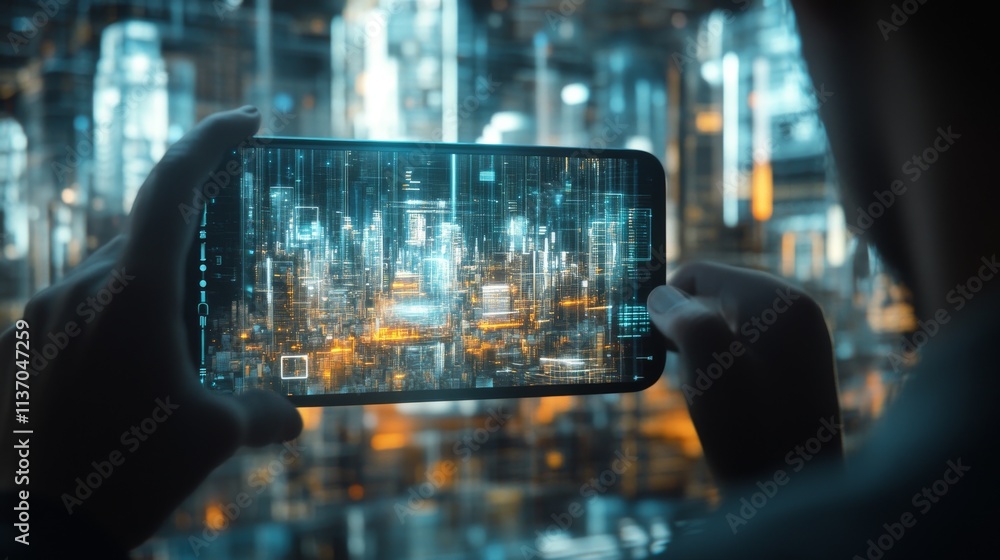 Poster a smartphone held in hand captures a glowing futuristic city in a cyberpunk-style setting, emphasizi