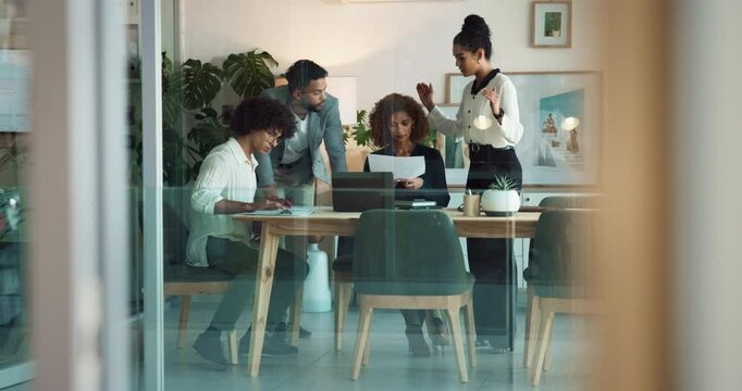 Paperwork, planning and business people in meeting for development, growth or collaboration. Teamwork, men and women in office together with laptop, documents or proposal discussion at digital agency