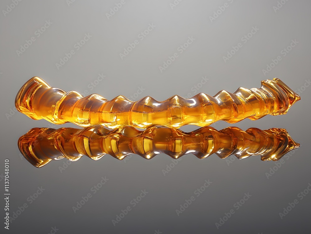 Poster a translucent, amber-colored object with a wavy design, reflecting light on a smooth surface.