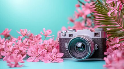 Vintage pink camera surrounded by vibrant cherry blossoms