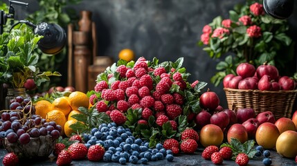 Fresh fruits and berries in a rustic market setting with soft light