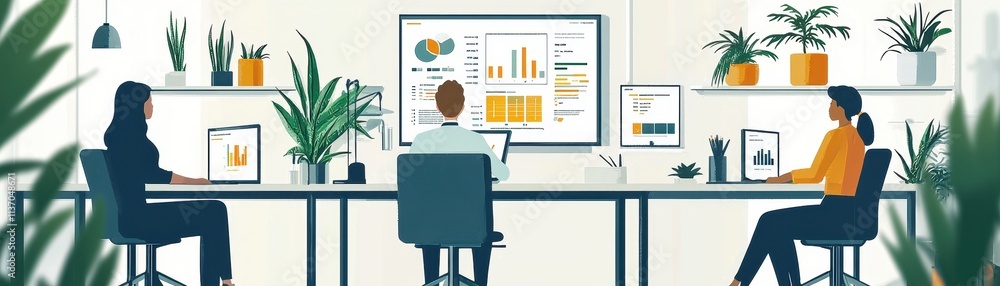 Aufkleber diverse team in modern office analyzing data and statistics on screens for business growth and devel