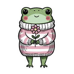 A cute, green frog wearing a striped pink and white sweater. The frog holds a pink flower in its hands and has rosy cheeks