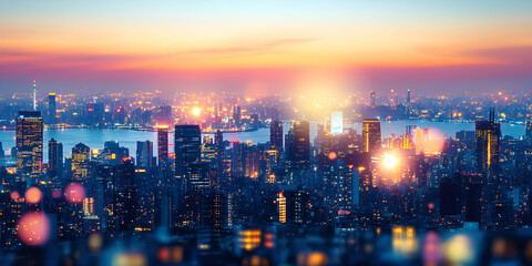 Fototapeta premium Cityscape at Sunset. Urban Lights Gleam