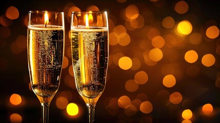 Champagne glasses gently clinking in a toast, with a soft focus on the sparkling liquid, illuminated by candlelight, creating a warm and romantic ambiance.