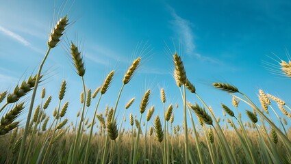 Obraz premium A Field of Wheat Stalks Reaching for the Sky Against a Vibrant Blue Sky