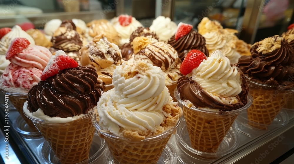 Poster a tempting array of soft-serve ice creams in waffle cones, topped with strawberries, chocolate, and 