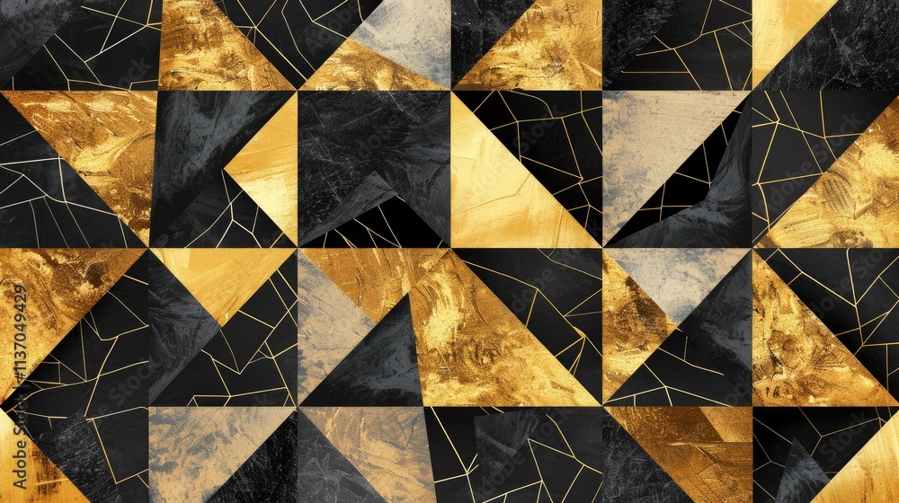 Poster a geometric pattern of black and gold triangles with intricate designs.