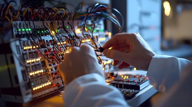 A technician adjusts a complex array of electronic circuits and wires in a lab setting.
