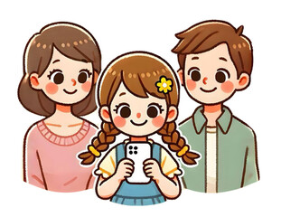 Girl Holding a Smartphone with Parents Smiling and Watching