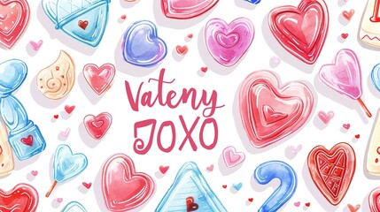 Cute Valentinea??s Day digital stickers with symbols like love letters, heart-shaped chocolates, and "XOXO" text, all in bright pastel colors.