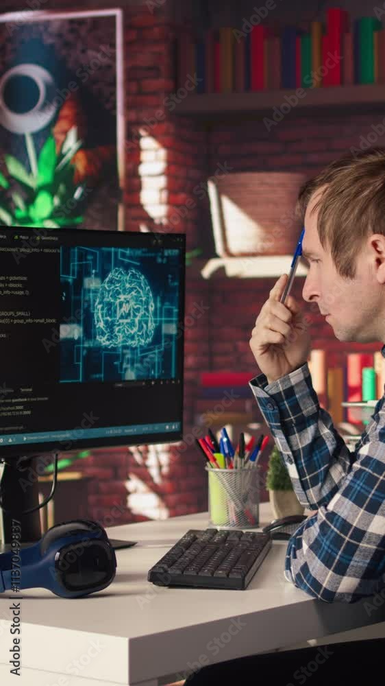 Poster ai software developer at computer waiting for code to finish compiling, rubbing forehead with pen, f