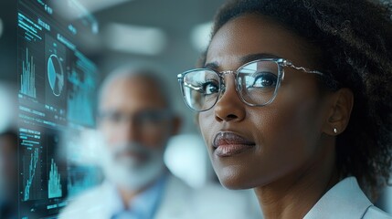 Naklejka premium Focused African Woman Analyzes Data and Charts with Male Colleague in Modern Office Setting