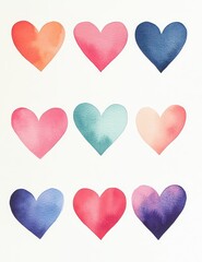 Colorful watercolor hearts arranged in a grid, symbolizing love and affection.