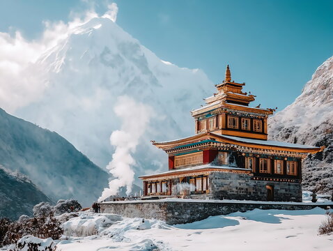 buddhist temple over mountains - Powered by Adobe