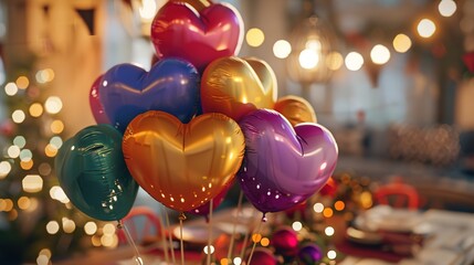 Heart-shaped balloons in various colors, floating above a festive table covered with decorations and a warm, glowing light in the background.