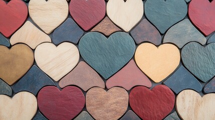 Obraz premium Colorful wooden hearts arranged in a beautiful mosaic pattern, symbolizing love.