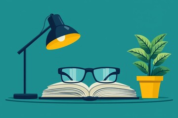 cozy indoor setup features pair of glasses resting on open book illuminated warm lamp. nearby plant adds touch of tranquility promoting relaxation and focus.