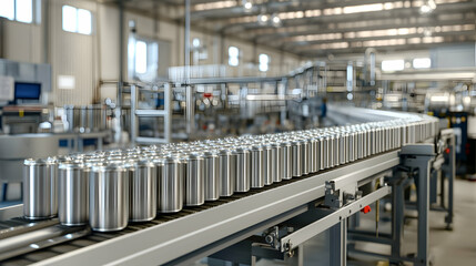 Factory Conveyor Belt Transports Metal Cans
