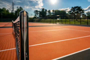 Tennis court net and post on orange and black tennis court - pickleball court with white baseline and black out of bounds	