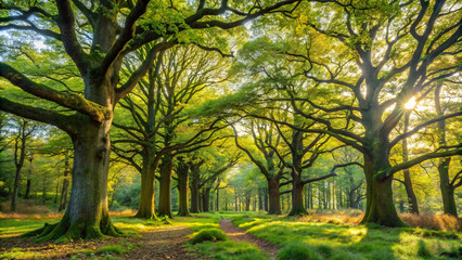 Obraz premium Deep Woodland with Tall Oak Trees